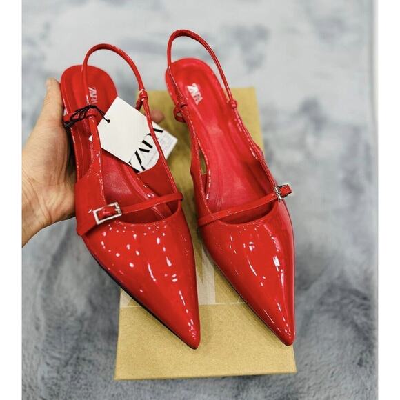 ZARA Red Patent Kitten Heels NWT | Viral Slingback Pumps - Picture 11 of 16
